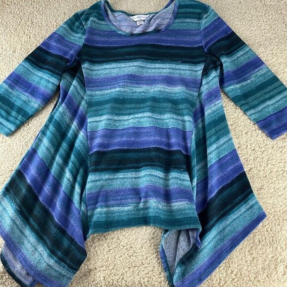Christopher & Banks Women's Sz L Greens Blues Stripe Hi Lo Hem Long Sleeve Top - Picture 5 of 11